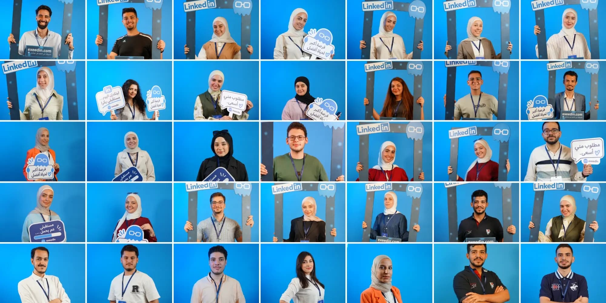 Portraits of attendees holding LinkedIn photo frames