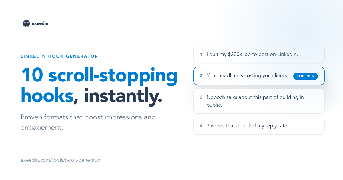 exeedin Hook Generator producing 10 scroll-stopping LinkedIn hooks